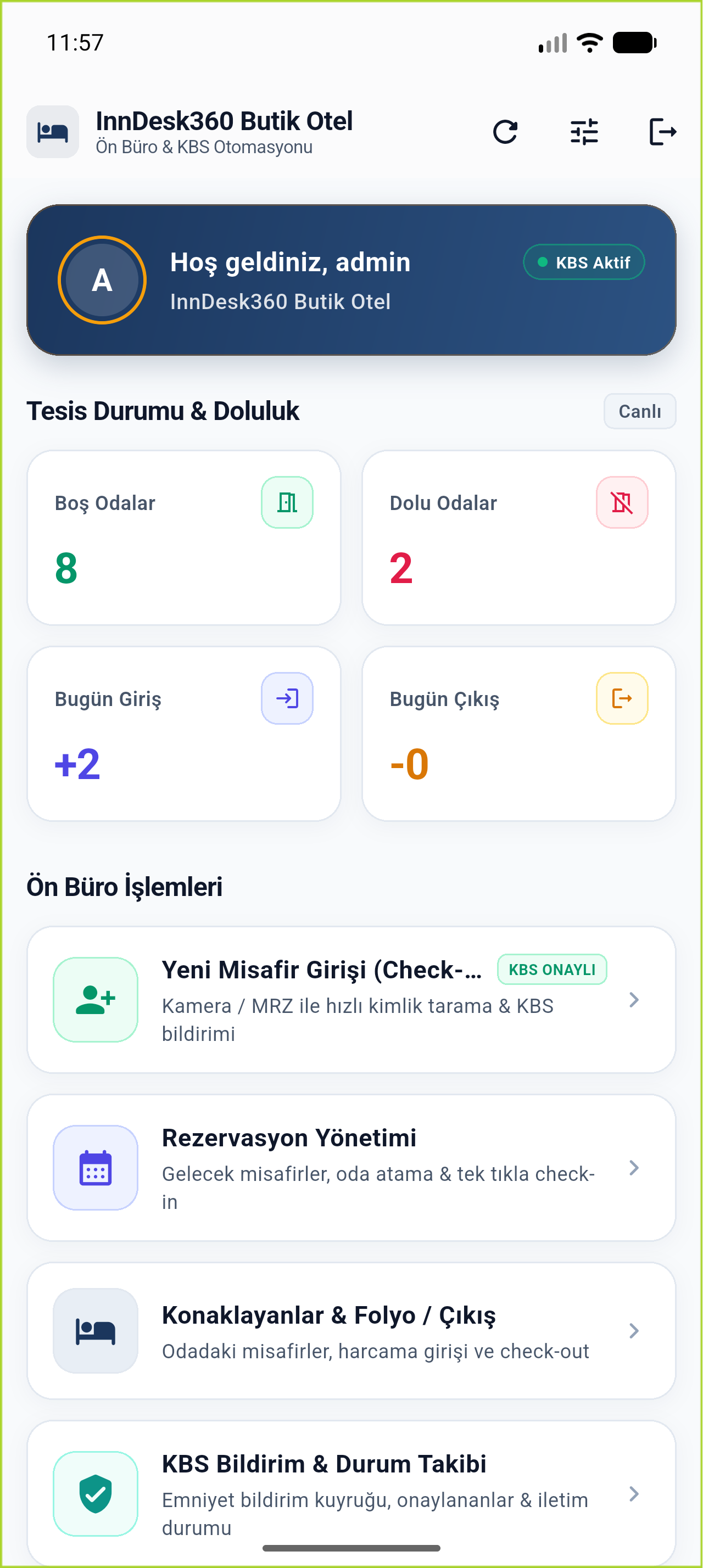 InnDesk360 Ana Sayfa & Oda Durumları